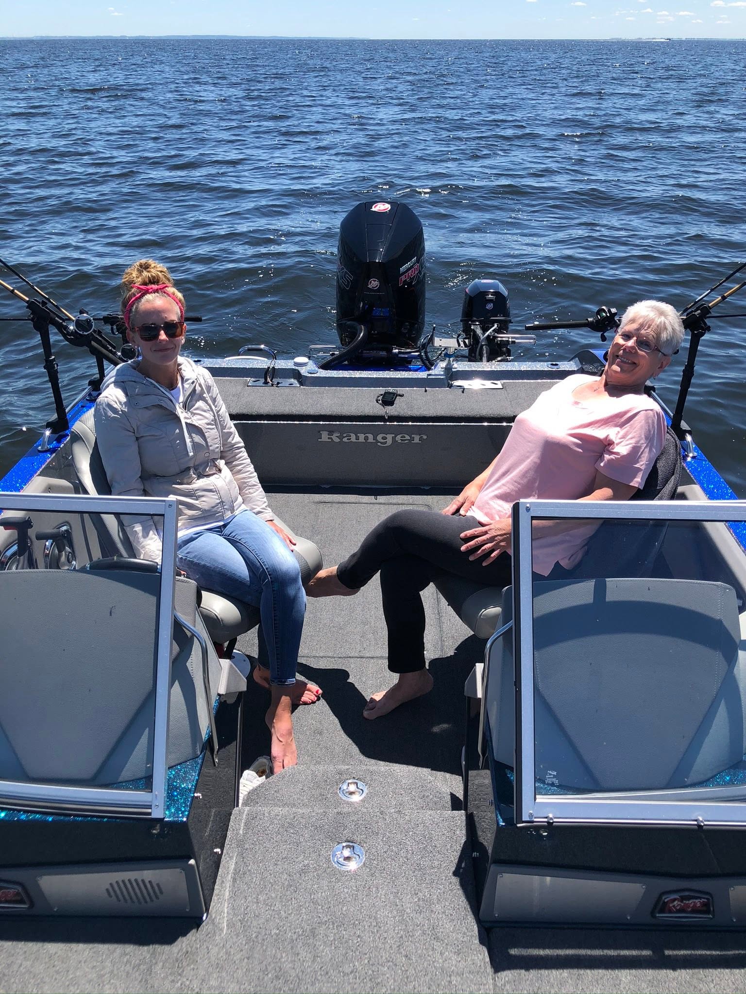 Captain Chad Burns' mom and sister enjoying time together on the fishing boat